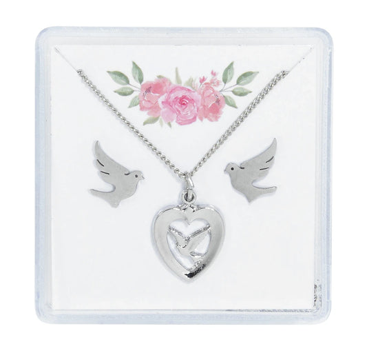 Silver Holy Spirit Earrings & Necklace Set
