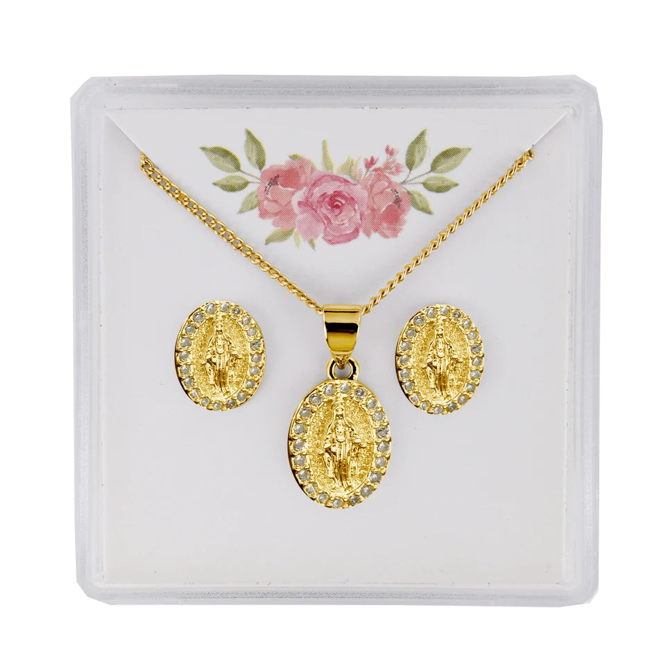 Gold Tone Crystal Miraculous Earrings & Necklace Set
