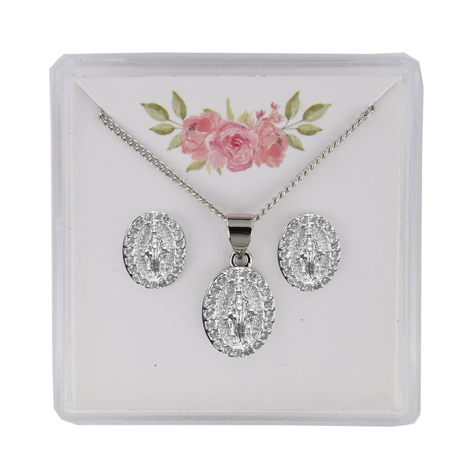 Silver Crystal Miraculous Earrings & Necklace Set