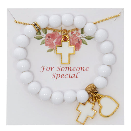 White Cross Stretch Bracelet & Necklace