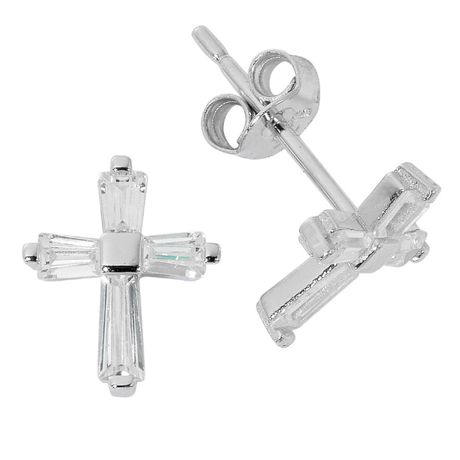 Sterling Silver Baguette Cross Earrings