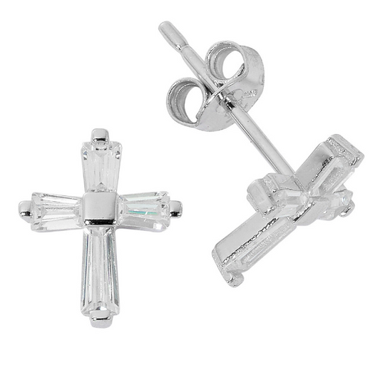 Sterling Silver Baguette Cross Earrings
