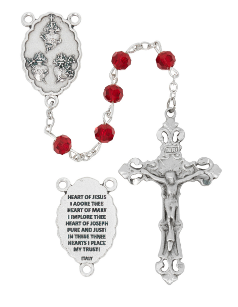 Red Crystal Tin Cut Rosary with 3 Hearts Center