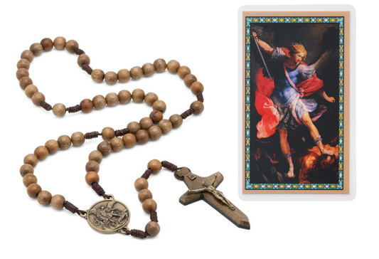 St. Michael Wood Bead Rosary