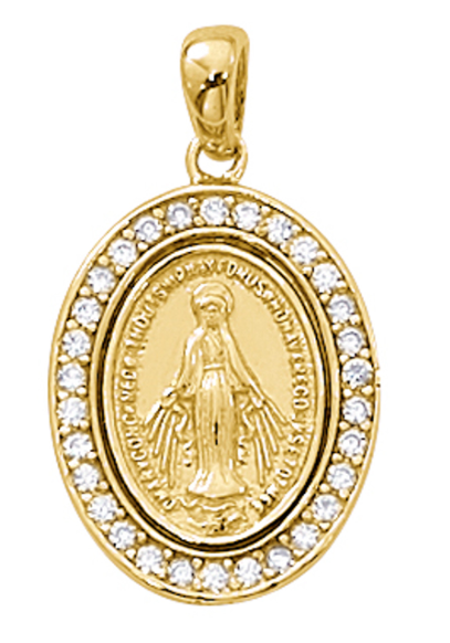 Gold Over Sterling Miraculous Medal with Cubic Zirconia