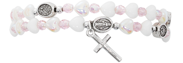 Pink & White Heart Wrap Rosary Bracelet for Girls