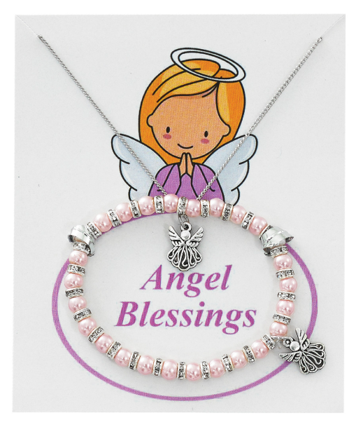 Pink Pearl Bracelet & Angel Pendant