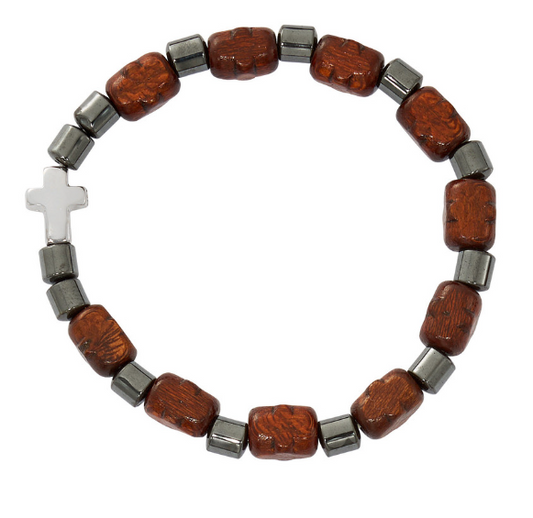Dark Brown Wood Cross Stretch Bracelet