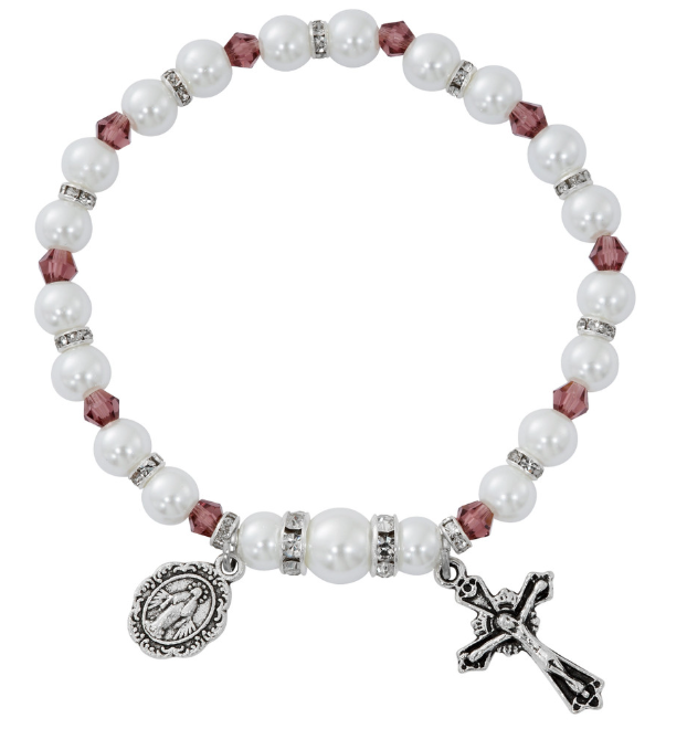 White Pearl & Dark Amethyst Crystal Stretch Bracelet