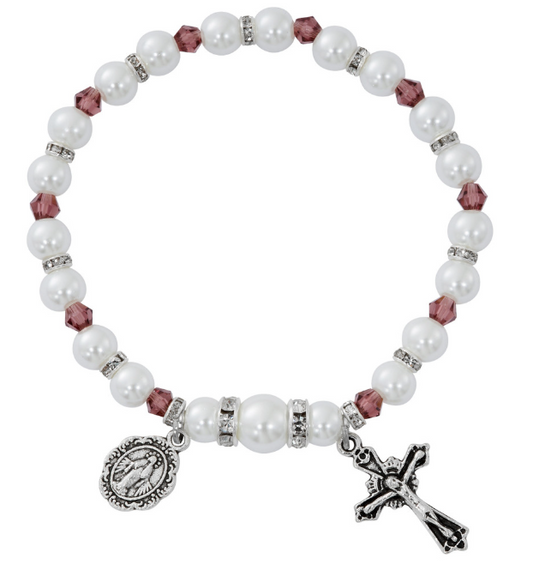White Pearl & Dark Amethyst Crystal Stretch Bracelet