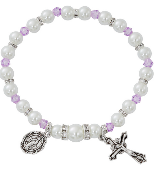 White Pearl & Light Amethyst Crystal Stretch Bracelet