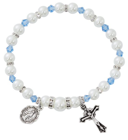 White Pearl & Zircon Crystal Stretch Bracelet