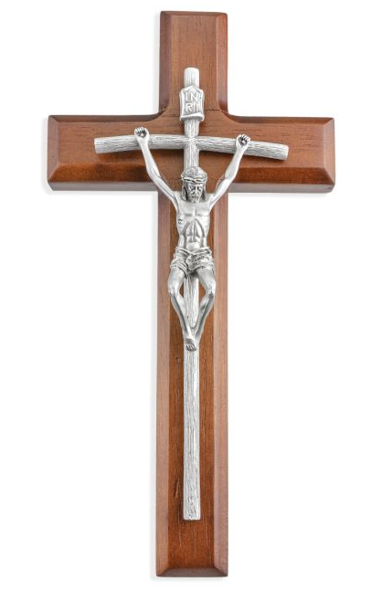 8" Pewter Papal Crucifix Mounted on 10" Walnut Cross