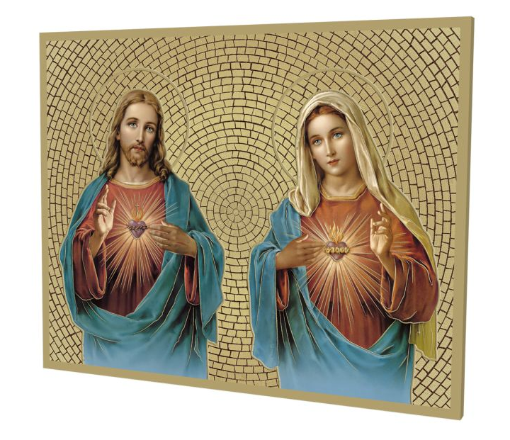 8" x 10" Gold Foil Mosaic Plaque of The Sacred Hearts