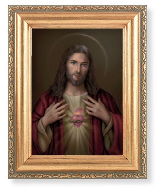 5.5" x 7" Antique Gold Frame with a Sacred Heart of Jesus Print
