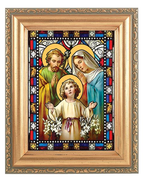5.5" x 7" Antique Gold Frame with a 4.5" x 5.5" Holy Family Stained Glass Art