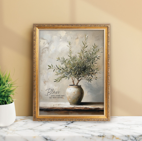 Gold Framed Linen Art - Bless This Home