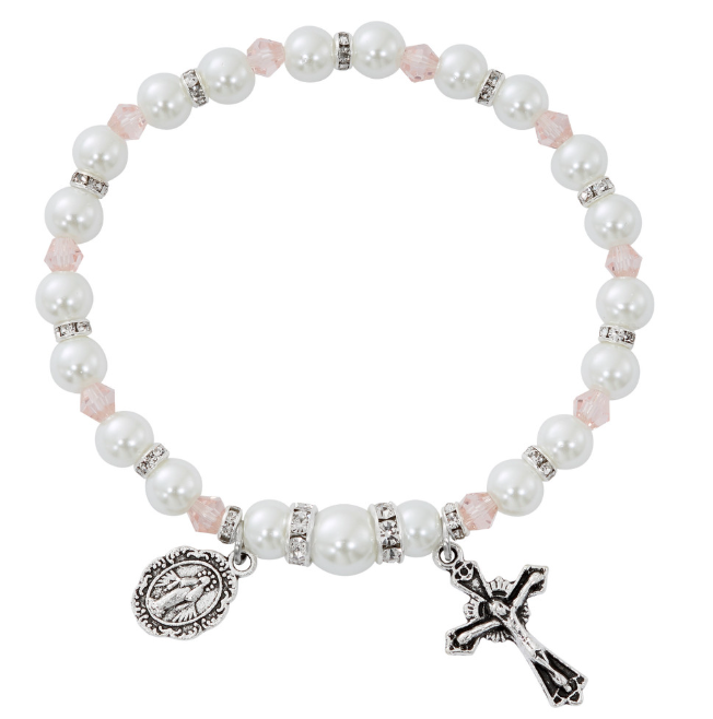 White Pearl & Rose Crystal Stretch Bracelet