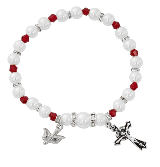 White Pearl & Garnet Crystal Holy Spirit Bracelet
