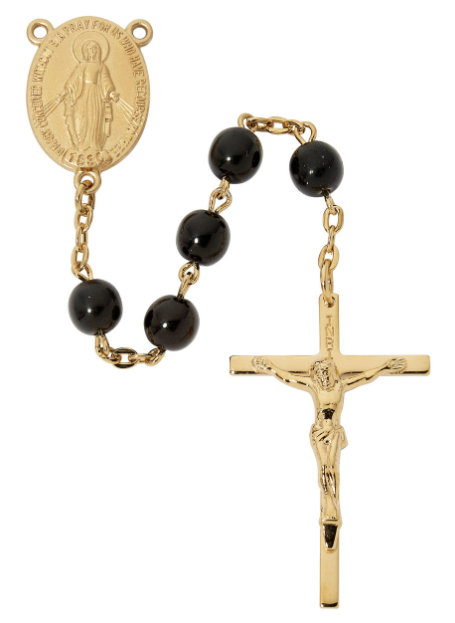 Gold Over Sterling Black Glass Bead Crucifix
