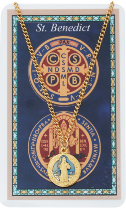 Gold Plate Blue St. Benedict Medal and Prayer Card