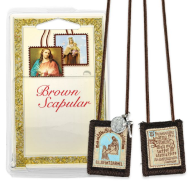 Our Lady of Mount Carmel Genuine Brown Wool Scapular with St. Benedict Medal and Crucifix
