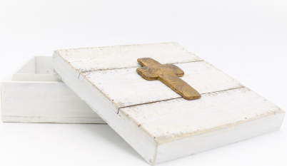 Square Wood Box, White with Gold Cross