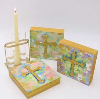 Handpainted Cross Wood Box Sign - Coral