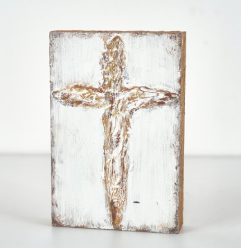 Wood Cross Block, Ivory / Gold