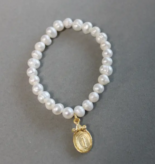 Pearl Stretch Charm Bracelet with Virgin Mary Medal