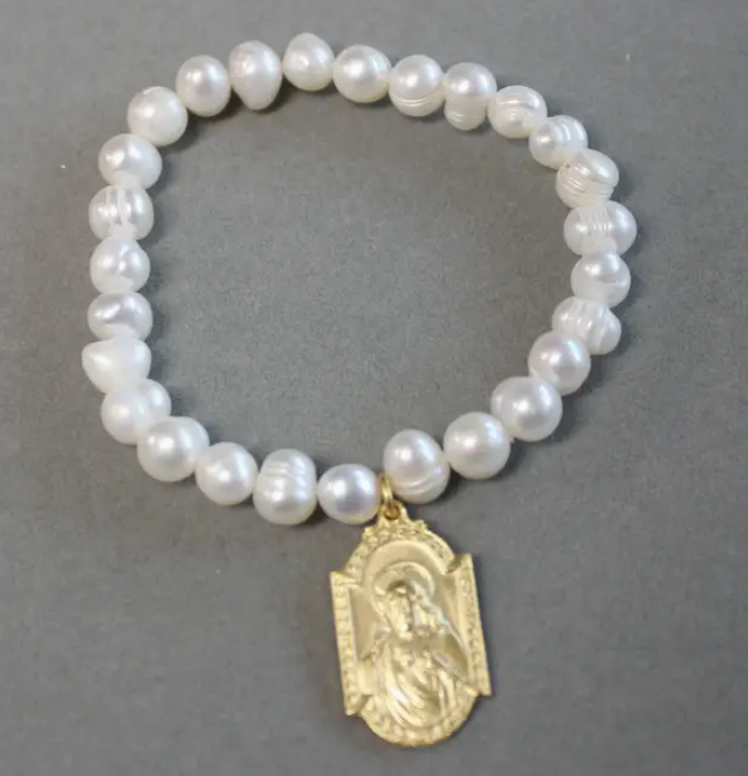 Pearl Stretch Bracelet with Scapular Medal