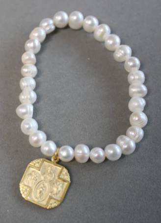 Pearl Stretch Bracelet with Square 4 Way Cross Medal