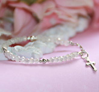 White Crystals and Sterling Silver Infant 4 1/2" Bracelet with Cross Charm