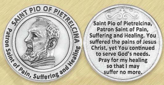 Silver Tone Pocket Token - St. Pio, Patron Saint of Pain, Suffering and Healing