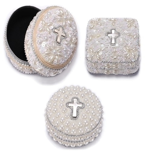 White Pearl Trinket Box with Cross