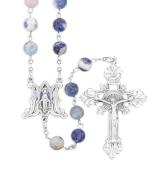 8mm Spotted Blue Dyed Stone Bead Rosary with Ave Maria Center and Crucifix