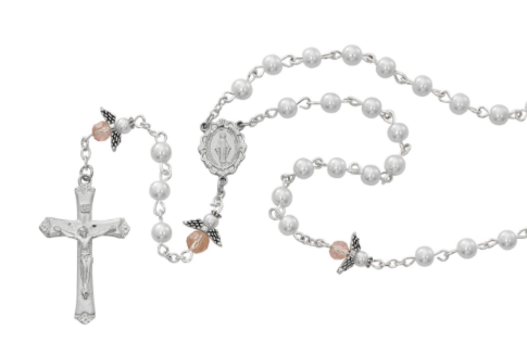 White Pearl Rosary with Pink Angel
