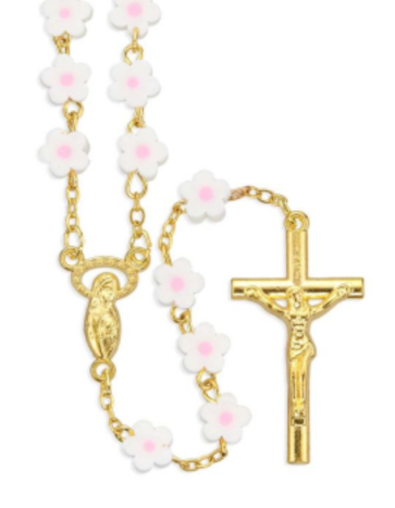 White and Pink Flower Fimo Bead Rosary with Gold Plating