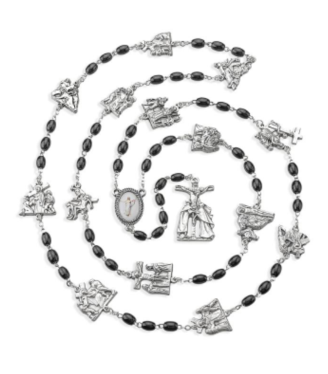 Black Glass Via Crucis Bead Rosary with 14 Stations of the Cross