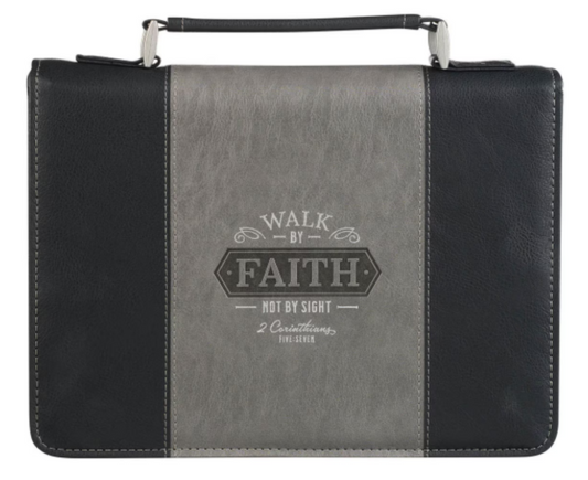 Walk by Faith Black and Gray Faux Leather Classic Bible Cover - 2 Corinthians 5:7 - Large