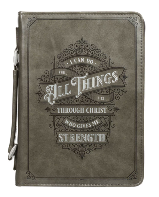 All Things Filigree Gray Faux Leather Classic Bible Cover - Philippians 4:13 - Large