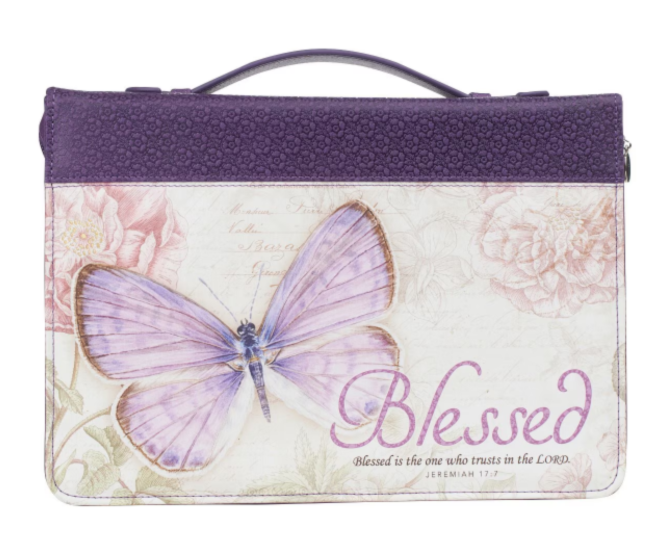 Blessed Purple Butterfly Blessings Faux Leather Fashion Bible Cover - Jeremiah 17:7 - Large