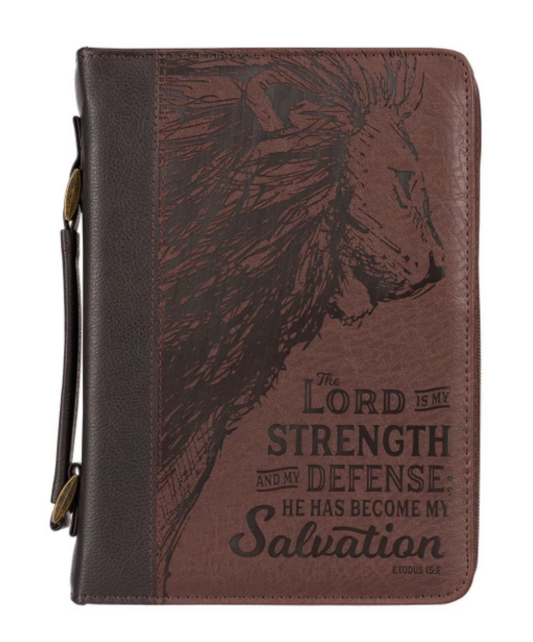 Strength and Defense Walnut-Brown Faux Leather Classic Bible Cover- Exodus 15:2 - Large