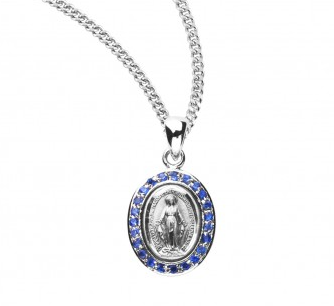 Sterling Silver Sapphire Cubic Zirconia Miraculous Medal