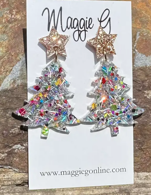 Christmas Tree Silver Tinsel Earrings