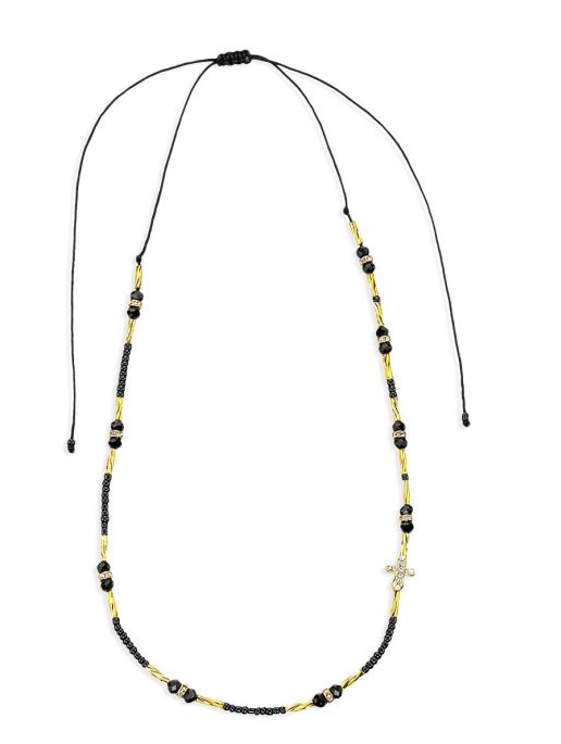 Black Glass Bead Adjustable Necklace with Gold Tube Ends