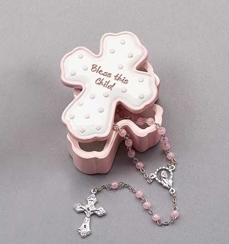 Pink Bless this Child Box with Rosary