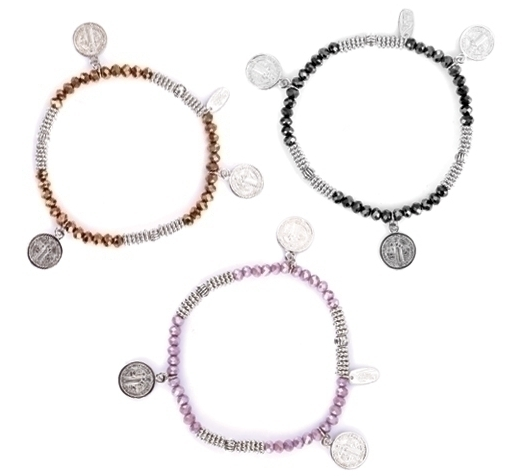 Silver St. Benedict Stretch Bracelets, Assorted