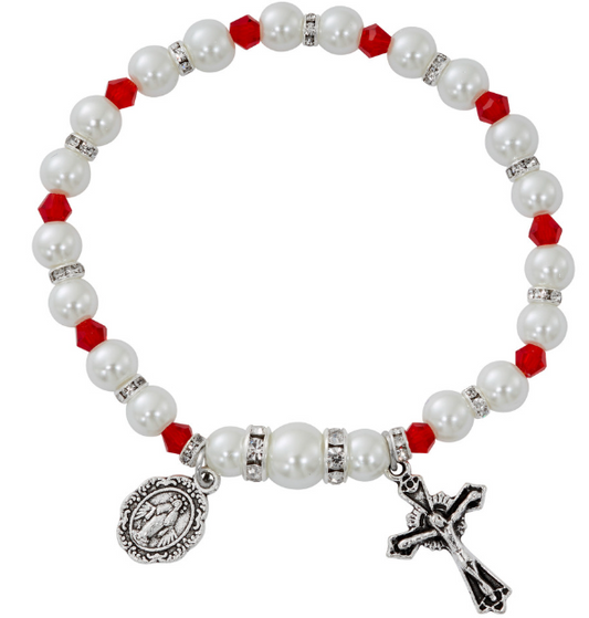 White Pearl & Ruby Crystal Stretch Bracelet