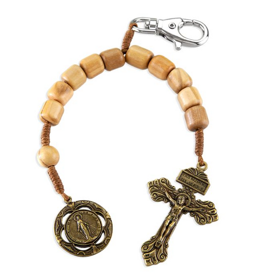 Miraculous Medal One Decade Wood Rosary Backpack Clip